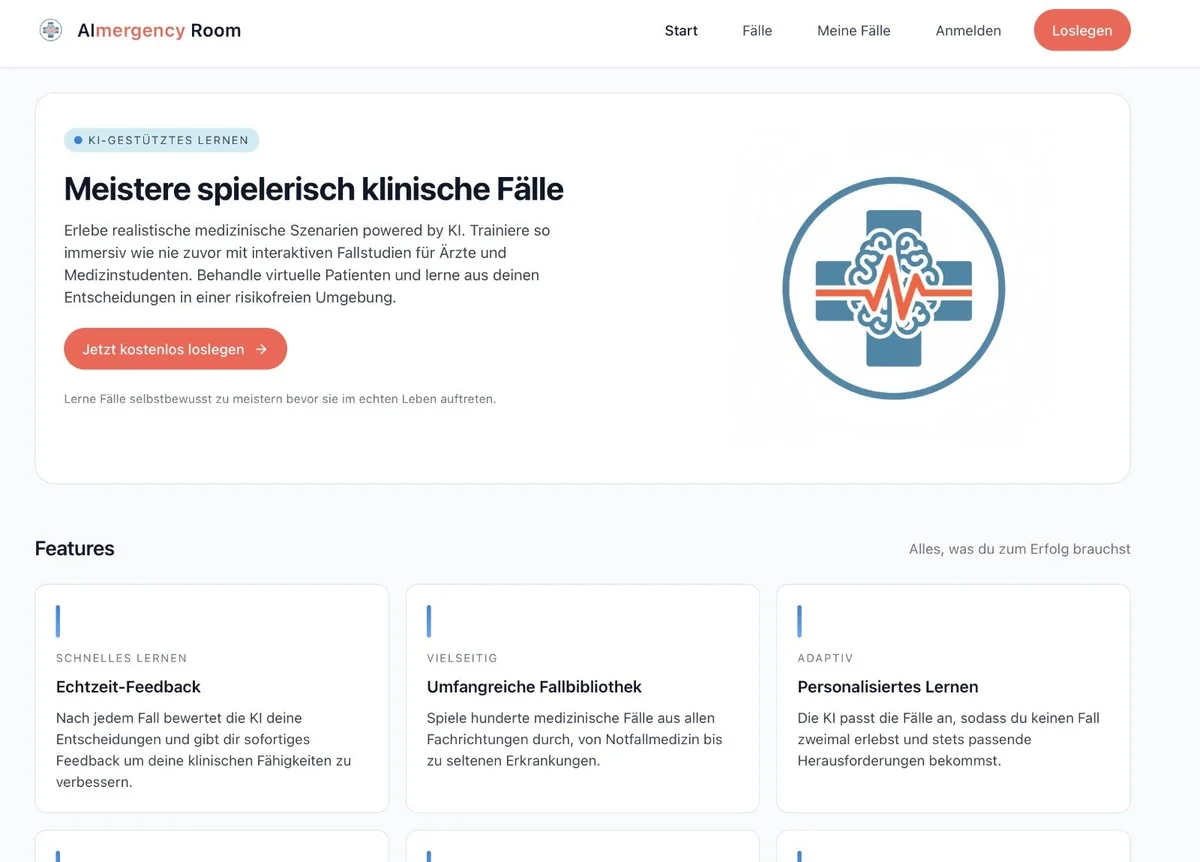 AIMergency Room — Startseite des KI-Simulators für klinische Fälle